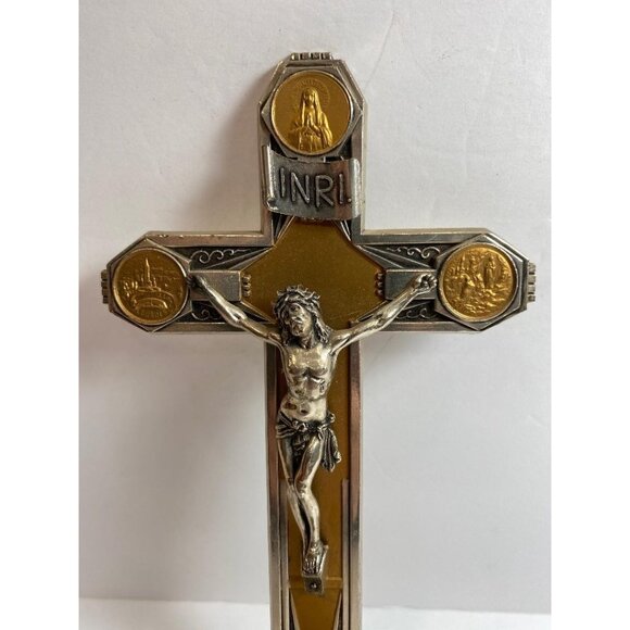 Holy Water Font Cross Brass 2-Tone Metal Christianity Vintage Catholic - Picture 7 of 7